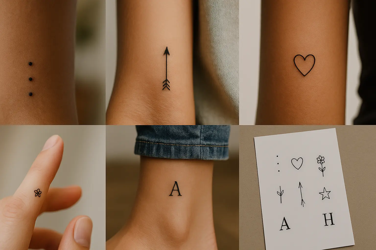 Minimalist tattoo ideas for first-time tattoos, showing tiny symbols like hearts, arrows, dotsa and flowers.