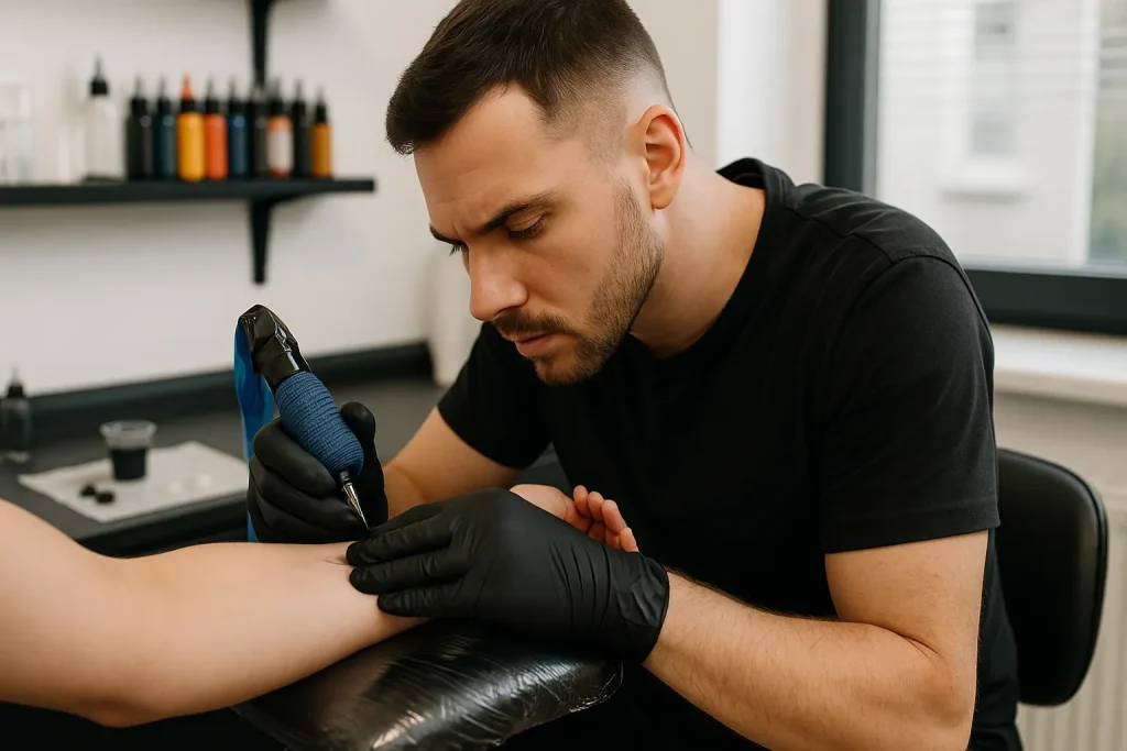 Professional tattoo artist wearing gloves while carefully tattooing a client’s arm.