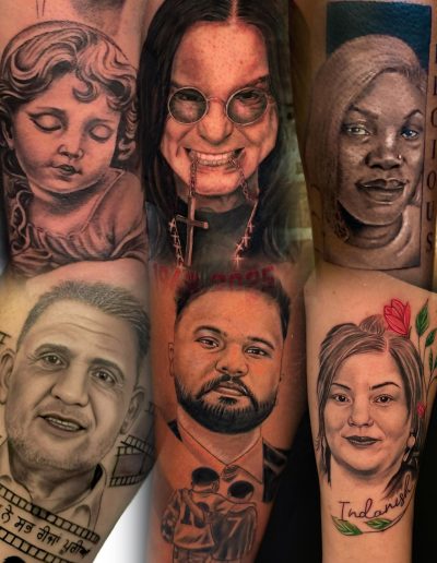Tattoo portraits of Ozzy Osbourne, a baby, and family members.