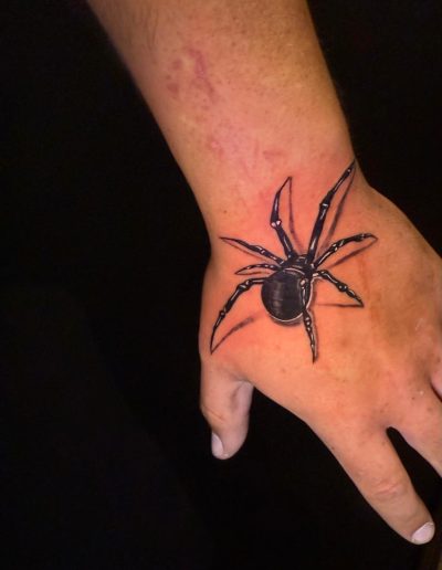 Realistic black spider tattoo on a person's hand